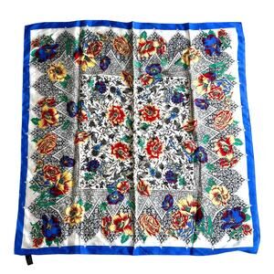 Vintage The Specialty House blue white multi floral square scarf pure silk Japan